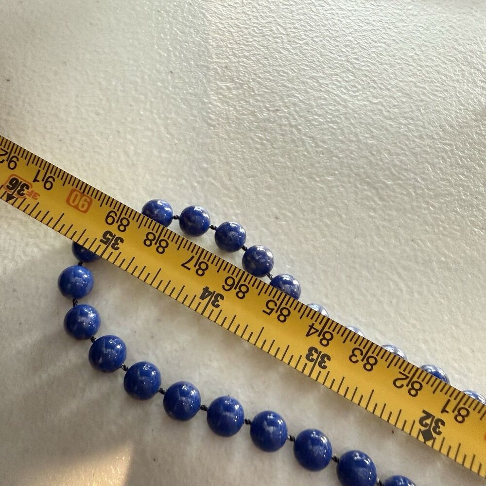 Long Blue Beaded Necklace Marbled Round Beads Double Strand Screw Clasp - Picture 12 of 12